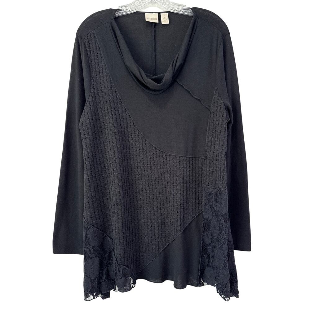 Chicos Waffle Knit Cowl Neck Black Crochet Lace Tunic‎ Top Size L 2 Boho Casual